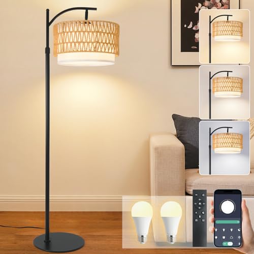 Rustic Black Farmhouse Floor Lamp with Woven Rattan Shade - 12W LED, Remote & Dimmable 3-Color Temp, Tall Standing Lamp for Living Room - color: Rustic Black Floor Lamp