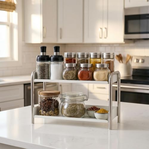 MOZIMABOX Cabinet Organizer Shelf, 2 Tier Kitchen Spice Rack Countertop Shelf Organizer, Stainless Steel Kitchen Storage Countertop Storage Shelf Container, (L, White) - size: L