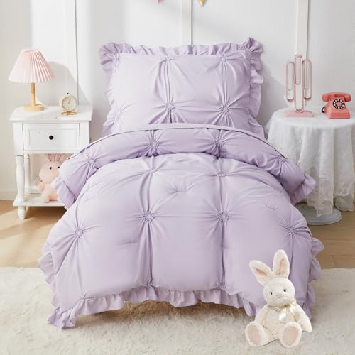 Princess Toddler Bedding Set for Girls, 4 Piece Ruffles Jacquard Embroidery Toddler Bed Sheets with Boho Toddler Comforter, Fitted Sheet, Flat Sheet and Pillowcase, Purple - color: Purple, size: Toddler