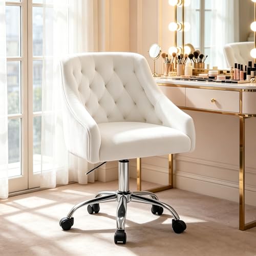 MOJAY Velvet Office Swivel Chair, Vanity Fabric Desk Pretty Fancy Gold Office Chairs for Girls, 360°Swivel Height Adjustable Reception Chair (White) - color: White