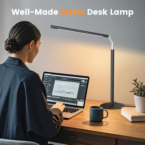 Metal LED Desk Lamp, 16" Dimmable Desk Light with Base, 15W 1200LM, Adapter Included, Color & Brightness Adjustable, Modern Tall Table Lamp for Home Office Reading Study Task Laptop, Black - color: Black