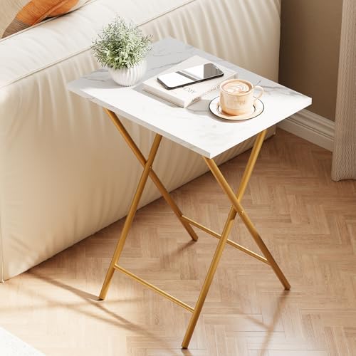 Folding TV Tray Table, Portable Foldable TV Dinner Tray on couch, Space-Saving Snack Serving Sofa Side Table, Easy to Fold Stable TV Trays for Living Room, Bedroom, Small Spaces (White Marble + Gold) - color: White Marble + Gold, size: 1 PCS