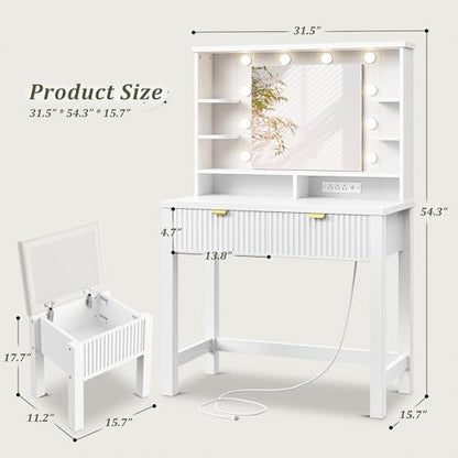 Homkdom Vanity Desk with Mirror and Lights, Makeup Vanity with 2 Large Drawers & Charging Station, Dressing Table Set with Storage Stool, 3 Color Modes Adjustable, Suitable for Small Space, White - style: White