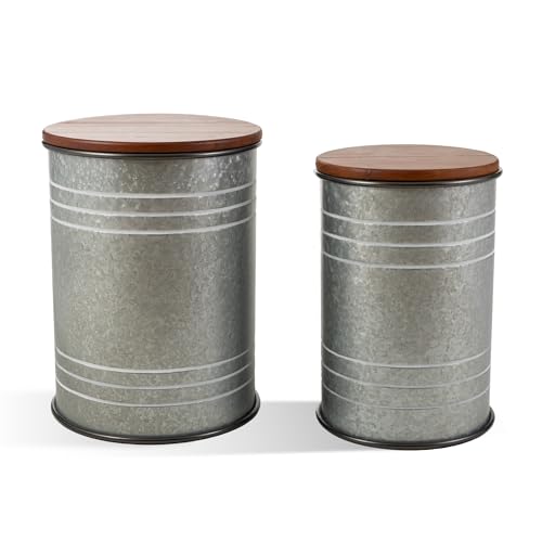 Glitzhome Rustic End Table Set of 2, Farmhouse Galvanized Metal Barrel Ottoman Storage Stool with Round Wood Lid for Living Room Furniture, Grey - color: Grey