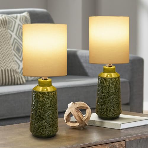 17.75" Green Ceramic Table Lamp Set of 2, Modern Leaf Relief Nightstand Lamps with White Shade, Rustic Green Lamps for Bedroom, Living Room, Side Table & Office