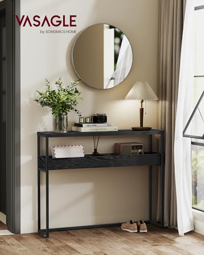 VASAGLE 39.4 Inches Console Table, Narrow Sofa Table, 2-Tier | Easy Assembly, Semi-Open Compartments, Entryway Table for Living Room, Bedroom, Ebony Black and Ink Black ULNT091B01 - color: Ebony Black + Ink Black, size: 9.4"D x 39.4"W x 31.5"H