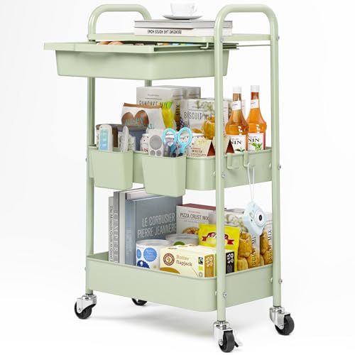 KINGRACK 3 Tier Metal Rolling Cart with Drawer, Green Utility Storage Cart | 2 Cups & 4 Hooks, Lockable Wheels, Trolley Organizer for Bathroom, Kitchen, Office, Nursery, Dorm, Laundry, Craft Room - color: Green