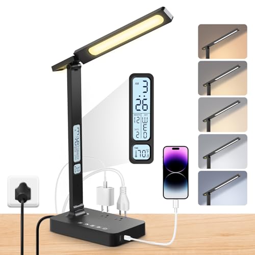 Power Strip with LED Desk Lamp: Table Lamp with Charging Station - 2 Outlets 1 USB-A Ports 1 Type-C Ports, Surge Protection and Led Display, 5ft Extension Cord, 5 Color Modes 5 Brightness - color: Black3