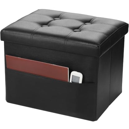 Bsketa Storage Ottoman Bench,17 Inch Folding Leather Foot Rest Stool, Black | Small Ottoman with Side Pockets, Thicker Foam Padded Seat, Livingroom, Dorm, Bedroom, Easy to install, 43L,17x13x13in - color: Black-with Side Pockets.