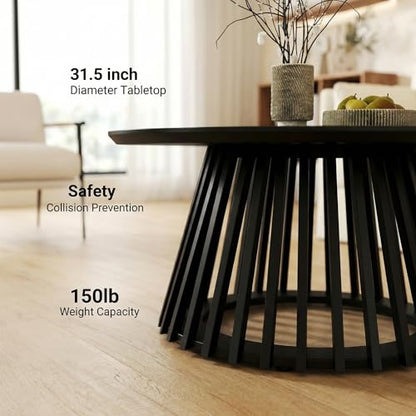 HNY Black Round Coffee Table, Wood 31.5" Center Table for Living Room | Modern Mid Century Circle Coffee Table with Fluted Base for Outdoor Patio, Home Small Space, Bedroom, Apartment, Studio - color: Black