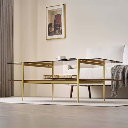 LumFurn X-Large L47in Rectangle Glass Coffee Table, Mid-Century Modern Design for Living Room, L47xW24xH17inch, Amber Glass and Walnut MDF Wood Shelf, Conical Legs with Gold Finish - color: L47" Amber & Walnut