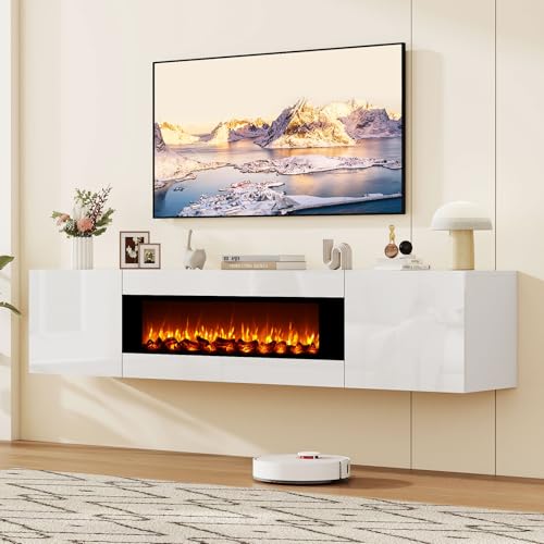 70" Wall Mounted Floating TV Stand with 36" Electric Fireplace, High Gloss Floating Entertainment Center TV Shelf for TVs Up to 80", White Fireplace Media Console Table Floating TV Cabinet Living Room - color: White, size: 70"-with fireplace