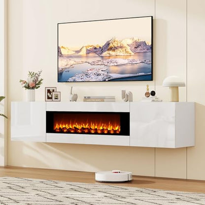 70" Wall Mounted Floating TV Stand with 36" Electric Fireplace, High Gloss Floating Entertainment Center TV Shelf for TVs Up to 80", White Fireplace Media Console Table Floating TV Cabinet Living Room - color: White, size: 70"-with fireplace