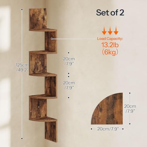 HOOBRO Corner Shelf Wall-Mounted, Set of 2 Floating Corner Shelves for Wall, 5-Tier Corner Bookshelves for Living Room, Bedroom, Bathroom, Home Office, Rustic Brown BF26BJP201 - color: Rustic Brown, size: 49.2 Inches