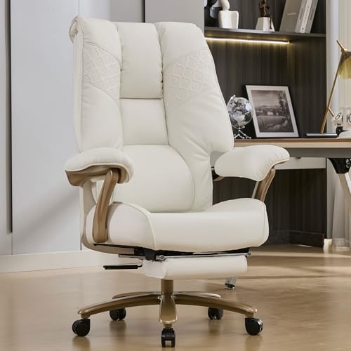 EXCEBET Big and Tall Executive Office Chair with Footrest, 400LBS Capacity Ergonomic High-Back Desk Office Chair with Lumbar Support, Padded Armrests & Thick Cushion, White PU Leather Chairs - color: White