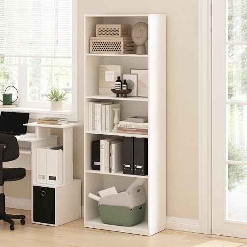 Furinno GEHRY Book Shelf, 5-Tier Bookshelf with Open Shelf, Standing Bookcase with Adjustable Shelves, 11.6 x 24.8 x 71.4, for Living Room, Bedroom, Home Office, White - color: White, size: 5-Tier, 11.6 x 25 x 71.4