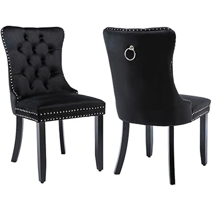 Black Velvet Dining Chairs Set of 2, Tufted Kitchen & Dining Room Chairs | Two Fabric Tufted Dinning Chairs, Velvet Upholstered, Wing Back, Metal Pull Ring, Wood Frame, Mid Century Modern - color: B-1 Black Velvet, Wood Legs, size: 2