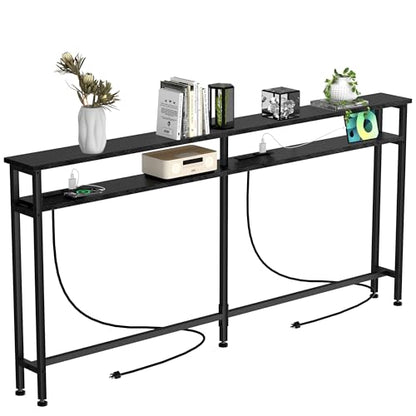 Keelian 78 Inch Double-Layer Narrow Console Sofa Table with 2 Power Outlets &4 AC Plugs&4 USB Ports, 4.9' Extension Cord Included, Behind Couch Table for Living Room/Office Easy Assembly - Black