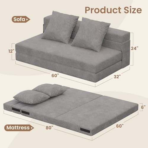 5-in-1 Convertible Folding Sofa Bed Sleeper Chair - Queen, Dark Grey | 60" Fold Out Chair Bed Futon Couch with Pillows, Foldable Floor Mattress for Living Room/Dorm/Guest Use/Home Office/Apartment - color: Dark Grey, size: Queen