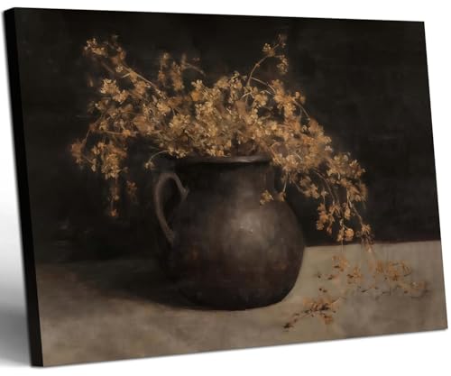 WALUPLL Vintage Floral Wall Art Still Life Flowers Wall Art Moody Floral Wall Art Vintage Floral Wall Decor Aesthetic Home Decor for Living Room Bedroom 12x16 Inch Ready to Hang - color: Rustic Pot with Dried Flowers, size: 16"L x 12"W