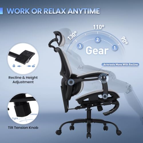 MALOL Ergonomic Mesh Office Chair with Footrest, Executive High Back Computer Desk Chair with 3D Adjustable Headrest & 5-Level Lumbar Support, Track Armrest, Tilt Lock, 300LBS, White - color: White