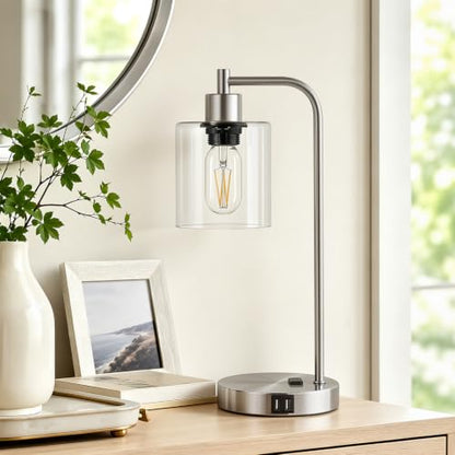 Industrial Touch Control Table Lamps Set of 2 - Brushed Nickel Nightstand Bedside Lamps with 2 USB Ports & AC Outlet, 3-Way Dimmable Desk Lamp for Bedroom Living Room, Glass Shade & LED Bulbs Included - color: Brushed Nickel(2 pack) - Clear Glass-Touch Co