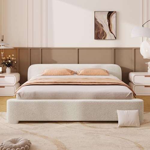 Curve-Shaped Upholstered Platform Bed with Curved Shaped Headboard, Queen Size Wood Bed Frame for Kids Adults Bedroom Furniture, Boucle Fabric Thick Fabric Upholstered Grounded Bed (White-6, Queen) - color: White-6, size: Queen