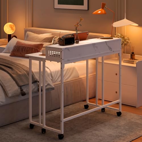 39.4" Folding Desk with Storage Shelf, Small Rolling Desk,White Marble | Mobile Sofa Side Table for Home Office Small Space, with Lockable Wheels, Double Cable Management Hole, Portable - color: White Marble, size: 39 inches