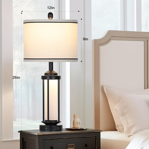 Rinweey Table Lamps Set of 2, Black Farmhouse Rustic Industrial Table Lamp with USB A+C Ports & AC Outlet, 26" Modern Bedside Lamps with LED Night Light & Linen Fabric Lampshade, Lamps for Bedroom - color: Black-5