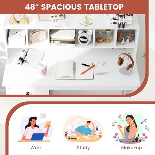 Tangkula White Desk with Drawers & Hutch, Modern Home Office Desk Writing Study Desk with Charging Station, Laptop Desk with 5 Storage Compartments, Computer Workstation Makeup Vanity Desk - color: White