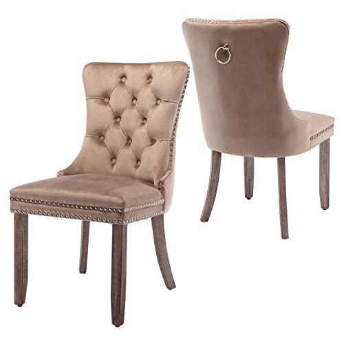 Virabit Velvet Dining Chairs Set of 2, Tufted Upholstered Dining Chairs with Nailhead Back and Ring Pull Trim, Solid Wood Dining Chairs for Kitchen/Bedroom/Dining Room (Khaki) - color: Khaki, size: set of 2