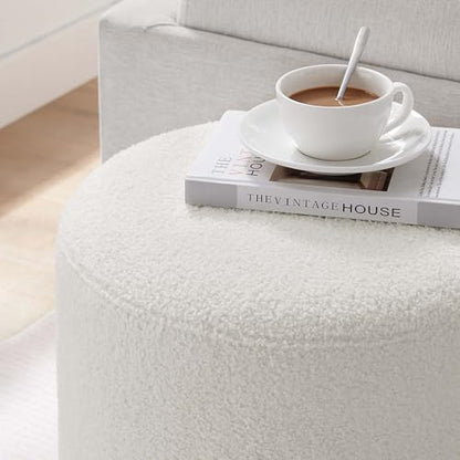 Modway Tilden 16 Inch Round Soft Sherpa Fabric Upholstered Ottoman in Ivory Natural - Small Ottoman Foot Rest with Rubberwood Plinth Base - Living Room Ottoman Side Table - Sherpa Ottoman Footstool - color: Ivory Natural