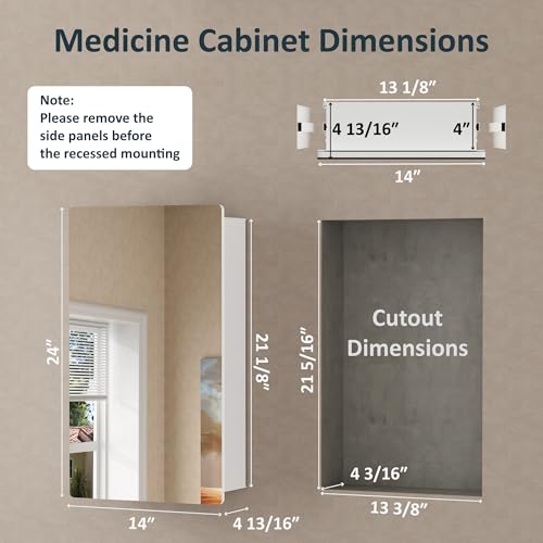 14 x 24 Wall Mounted Medicine Cabinet with Mirror for Bathroom, White | 13 x 21 Recessed Cabinets for Storage, Adjustable Glass Shelves, Soft-close DTC Hinges, HD Reflection, Pre-assembled - color: White, size: 13x21