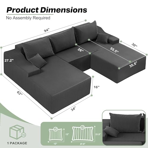 94“ U Shaped Modular Sectional Couch for Living Room, Modular Cloud Sofa with Ottoman, No Assembly Boneless Couches with Deep Seat, Corduroy Fabric (Grey, Left Facing) - color: Corduroy Grey, size: 94" U-Shaped Sofa-L