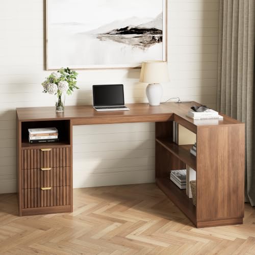 L-Shaped Home Office Desk with Storage Drawers & Shelves, Farmhouse Computer Desk with Power Outlet, 51.25" Writing Desk for Home Workstation Study, Walnut