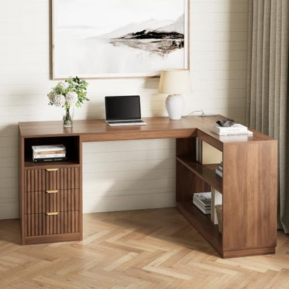L-Shaped Home Office Desk with Storage Drawers & Shelves, Farmhouse Computer Desk with Power Outlet, 51.25" Writing Desk for Home Workstation Study, Walnut
