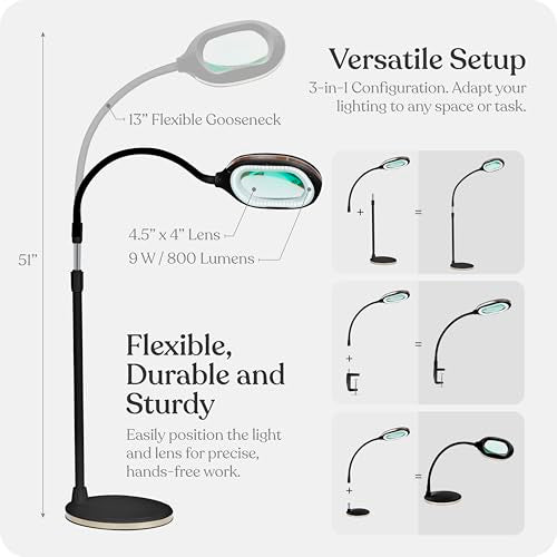 Brightech LightView Pro Magnifying LED Desk Lamp with Flexibility & Durability, 3 in 1 LED Glass Magnifier, Work Light for Hobbies & Reading - Black - color: Black