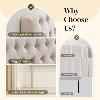 Headboards for King Size Bed in Modern Button Design, Premium Linen Fabric Upholstered Tufted Bed Headboard, Adjustable Solid Wood Head Board, Beige - color: Beige, size: King