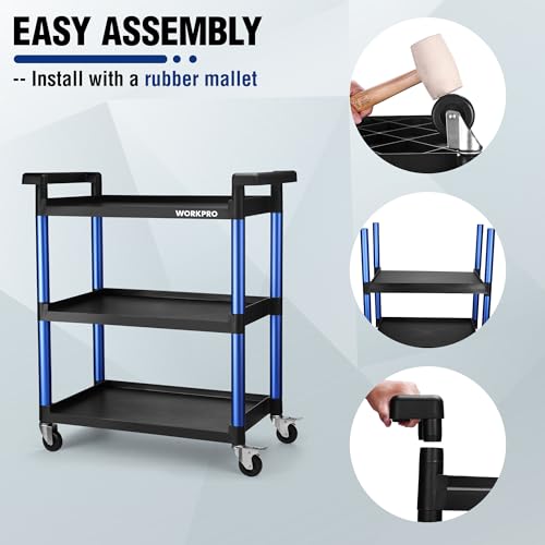 WORKPRO 3-Tier Service Utility Cart, 400LBS Plastic Rolling Cart with Handles & Lockable Wheels, Heavy Duty Storage Cart for Restaurant, Kitchen, Office, Garage, Warehouse - color: Black