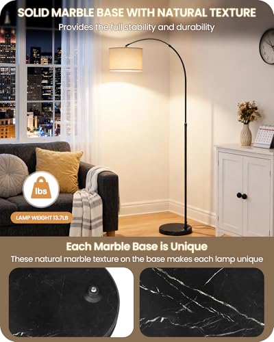 75" Arc Floor Lamp with Marble Base and Adjustable Height, Rotating Hanging Shade, Dimmable Floor Lamp for Living Room with Remote and Foot Switch, 3CCT, Over Couch Arched Light, White Shade W15LD05 - color: Black + White