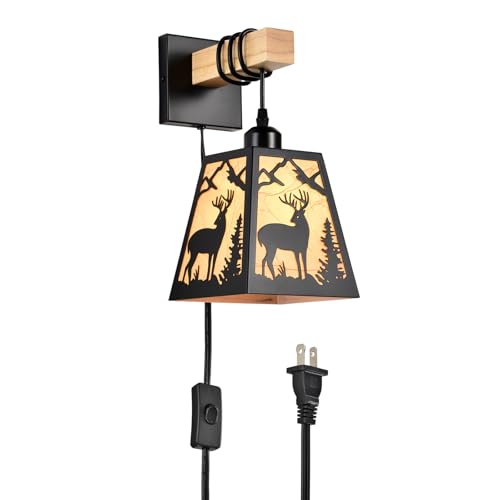Plug in Wall Light,Deer Matte Metal Rustic Wall Sconces,1 Pack Farmhouse Yellow Parchment Paper Shades Plug in Sconce with Wood Arm,E26 Base Light for Bedside,Living Room,Bedroom,Hallway - color: Deer-Yellow