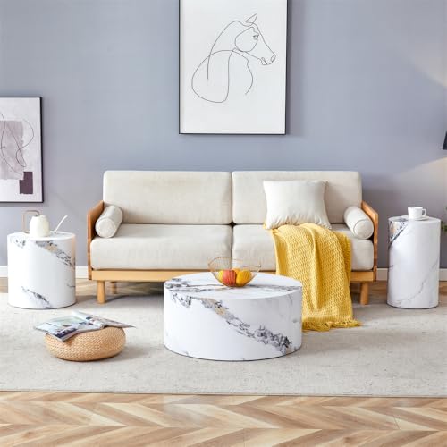 Round Coffee Tables Set for 3, Living Room Table and End Tables, White Faux Marble Coffee Table and Side Table, Center Tables Set, No Assembly Required - Ready to Use - color: 24'' Marble White, size: 24'' Coffee Table Set of 3
