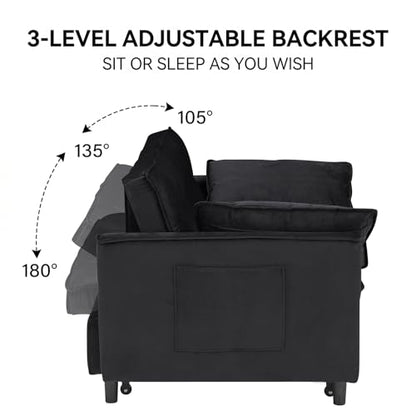 3 in 1 Convertible Sleeper Sofa Bed, Velvet Loveseat Futon Pull-Out Couch with Adjustable Reclining Backrest, Side Pockets and Pillows for Living Room, Bedroom, Apartment, Small Spaces (Black-Velvet) - color: Black-velvet