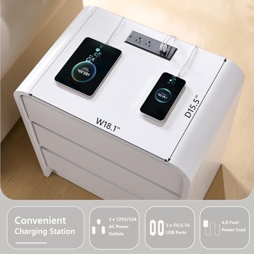 Aitjunz 25" Tall Modern Nightstand with Charging Station, 23.6'' Wide Wood Bedside Table w/3 Storage Drawers, Small Dresser w/Curved Profile Design, End Table for Bedroom, White - color: White