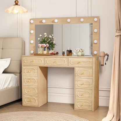 Fluted Vanity Desk with Mirror and Lights, Power Outlets, Modern Wood Vanity Desk Makeup Table with 11 Drawers, 3 Color Modes Dressing Table with Storage for Bedroom, Living Room, Natural - style: Natural