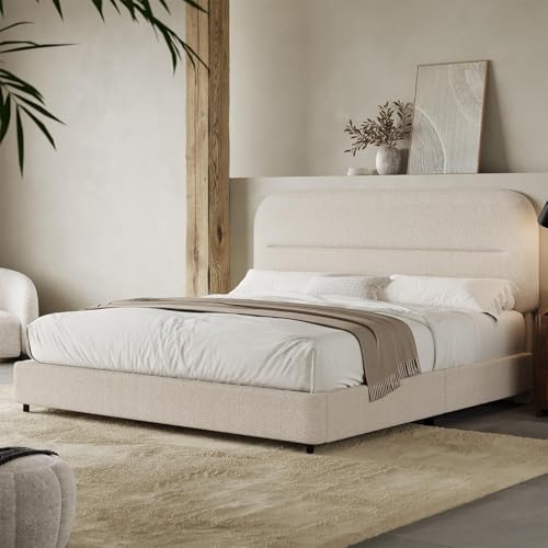 HOMBCK Queen Bed Frame with Headboard, Boucle Upholstered Soft Platform Bed Frame with Thickened Footboard, Rounded Corners Design, No Box Spring Required, Easy Assembly, Cream - color: Cream, size: Queen