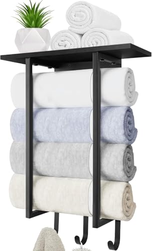 ELITEROO Towel Holder for Bathroom Wall, Wooden Towel Rack Shelf | Hanging Towel Organizer with 3 Hooks for Small Bathroom Storage, Bath Rolled Towel Shelf for RV, Camper, Black - color: Black