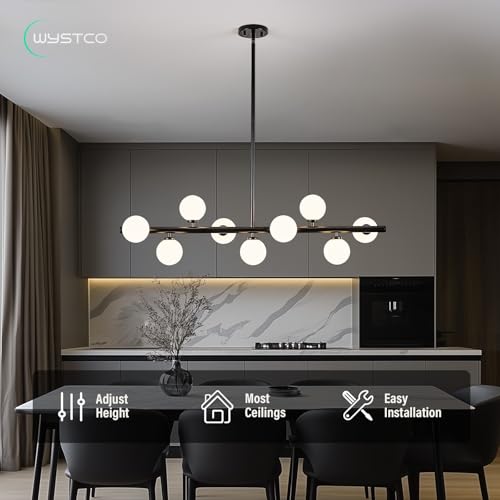 Mid Century Modern Globe Sputnik Chandelier, 9-Light Linear Chandeliers for Dining Room and Kitchen Island, Dining Light Fixture Over Table, Black and Milk White Glass Bubble, 40 Inch - color: Black Milk White, size: 9-Light 40 Inch