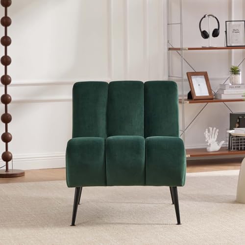 Velvet Slipper Chair, Armless Upholstered Accent Chair with Black Metal Legs, Modern Lounge Chair for Living Room, Bedroom, Office & Reading Nook (Green+Metal) - color: Green+metal