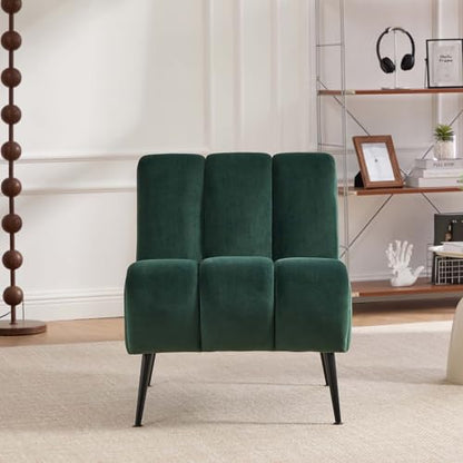 Velvet Slipper Chair, Armless Upholstered Accent Chair with Black Metal Legs, Modern Lounge Chair for Living Room, Bedroom, Office & Reading Nook (Green+Metal) - color: Green+metal